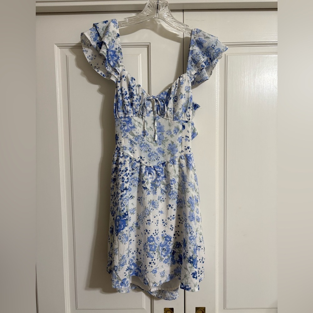 Hollister Blue Floral Ruffle Mini Dress S Cottagecore Coastal Tie Back - Picture 4 of 8